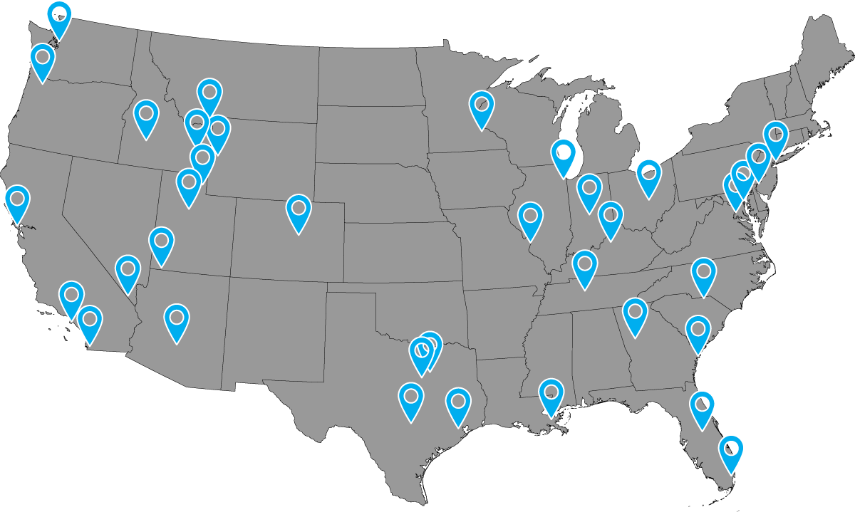 map of united states with location pins scattered across 